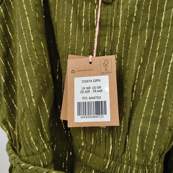 NWT Boden Grecian Playsuit Romper Green Metallic Gold Striped Pockets D0674 12 - Picture 6 of 7